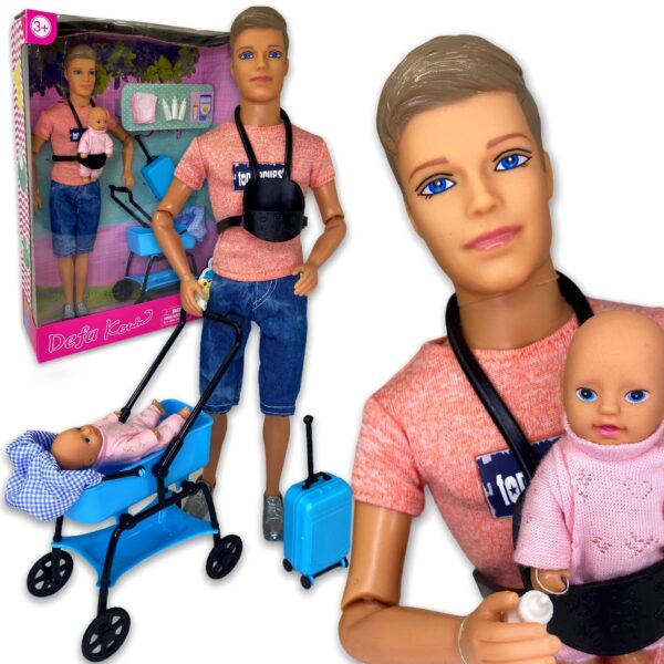 LALKA KEN TYPU BARBIE TATA Z DZIECKIEM WÓZEK